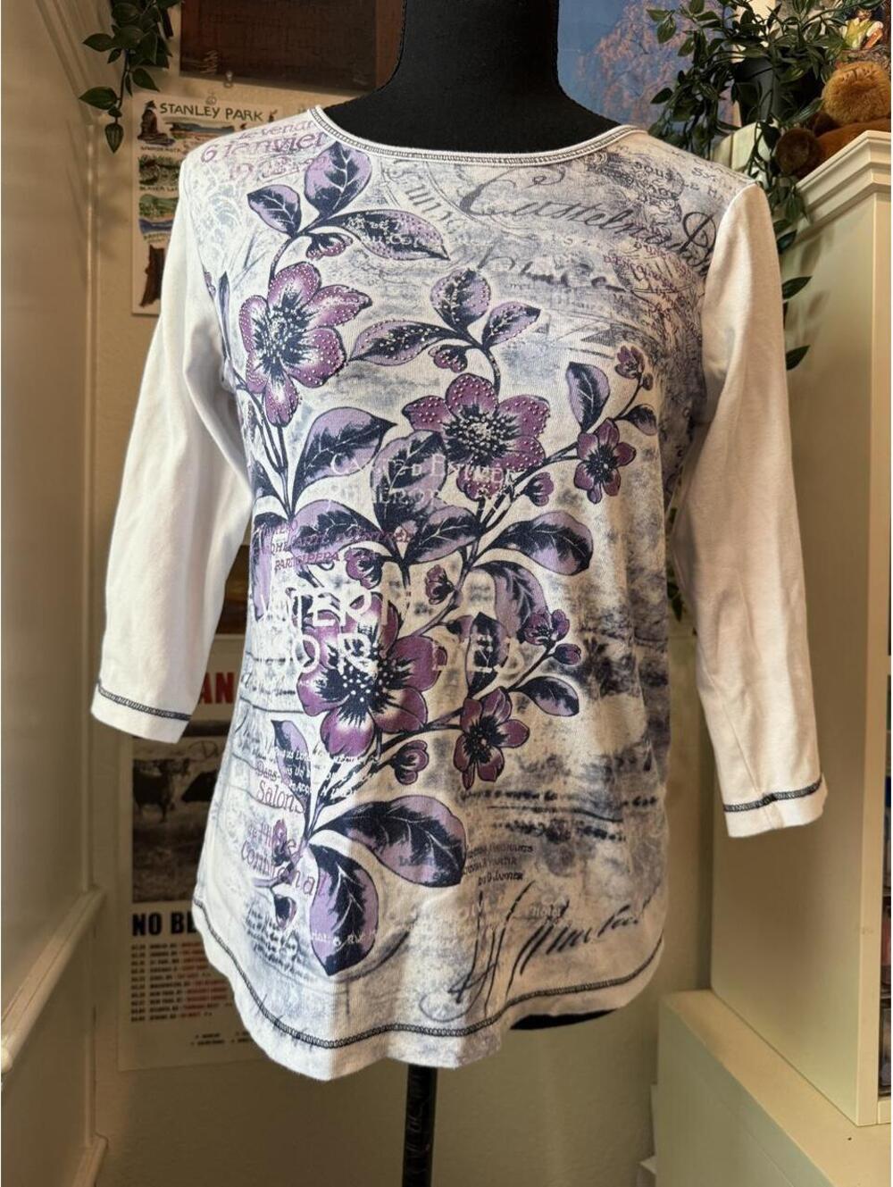 Christopher & Banks White Purple Floral Rhinestone 3/4 Sleeve Top